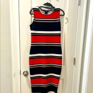 Olivia Matthews sz M Red, Black, and White Striped Midi Dress scuba NWOT